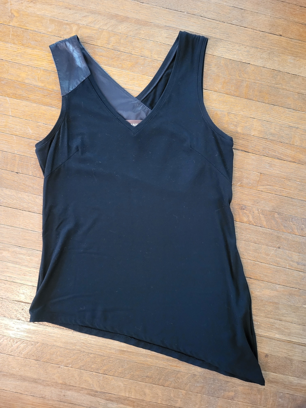 Danier Black Asymmetrical Hem V-Neck Tank with Genuine Leather Accent